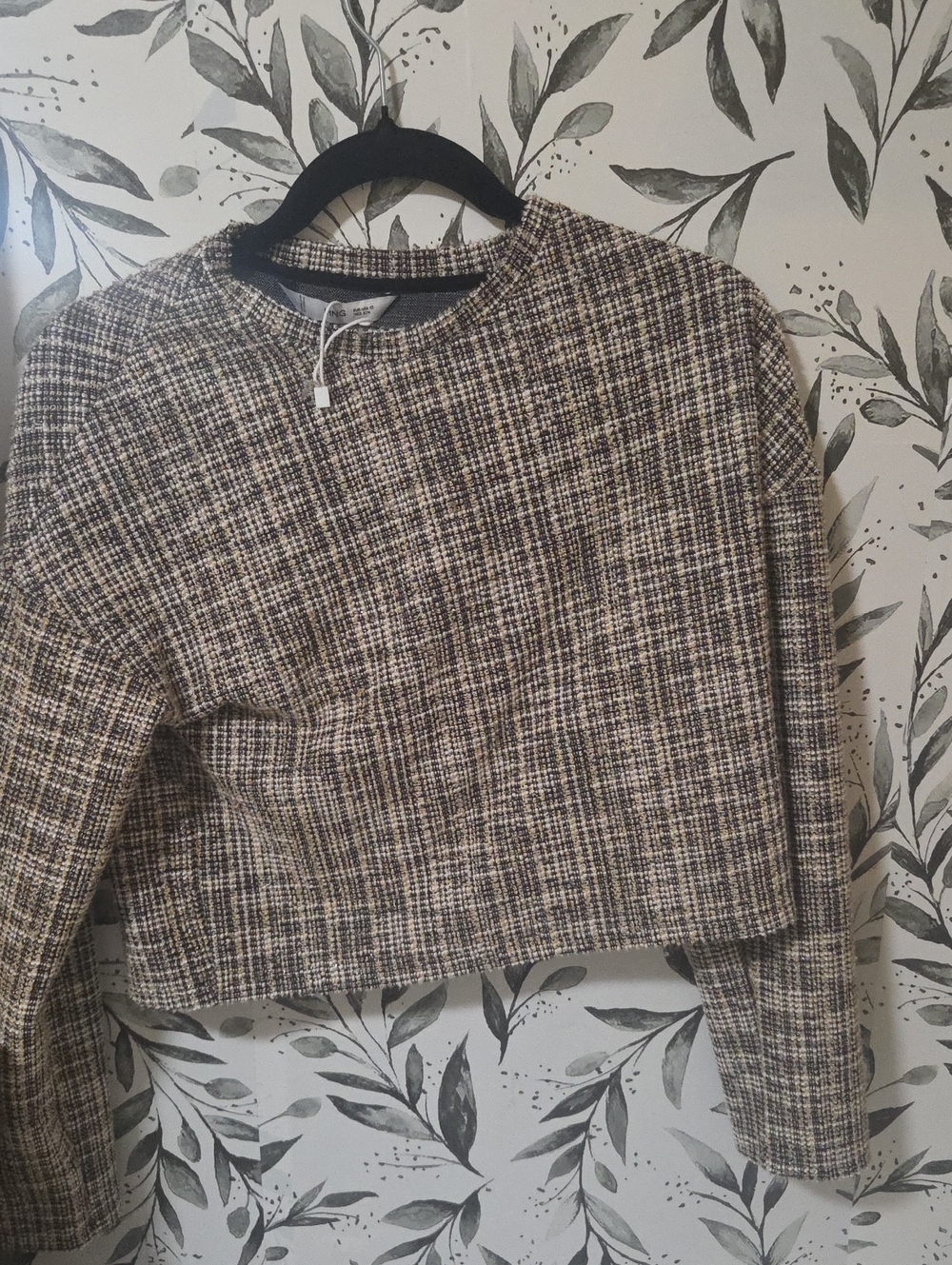 Mango Cropped Tweed Crewneck Top - Brown & Cream Check